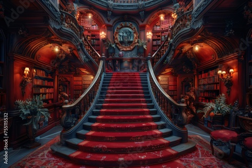 Red Carpeted Staircase Leading to Library