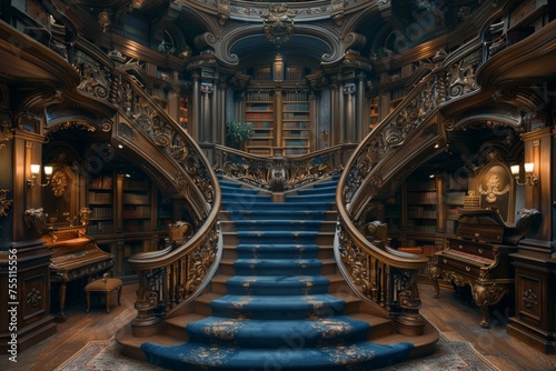 Blue Carpeted Staircase in Library © Ilugram