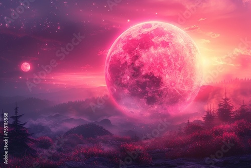 Large Pink Moon in Night Sky