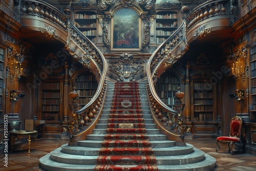 Staircase in Library With Wall Painting