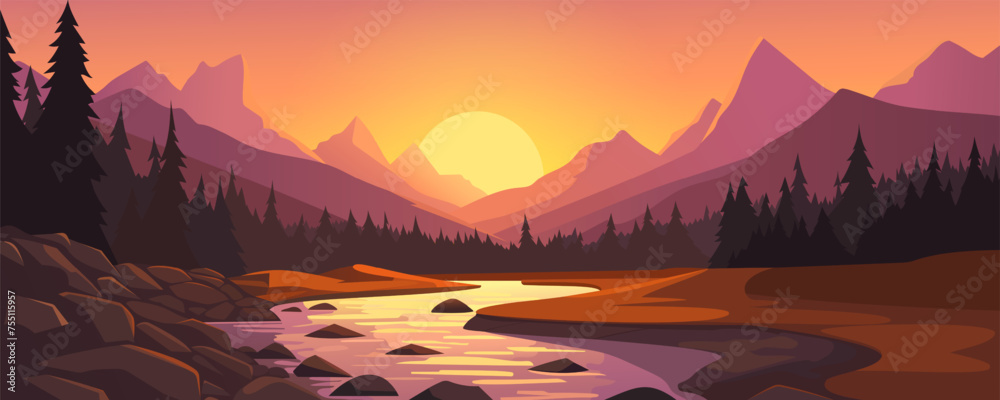 Stunning sunset against the backdrop of a mountain river. Panoramic sunset landscape of amazing mountains, rivers, forests. Wild nature. Landscape for design of hiking, tourism, banner, poster, print. - obrazy, fototapety, plakaty 