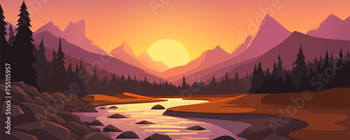 Stunning sunset against the backdrop of a mountain river. Panoramic sunset landscape of amazing mountains, rivers, forests. Wild nature. Landscape for design of hiking, tourism, banner, poster, print.