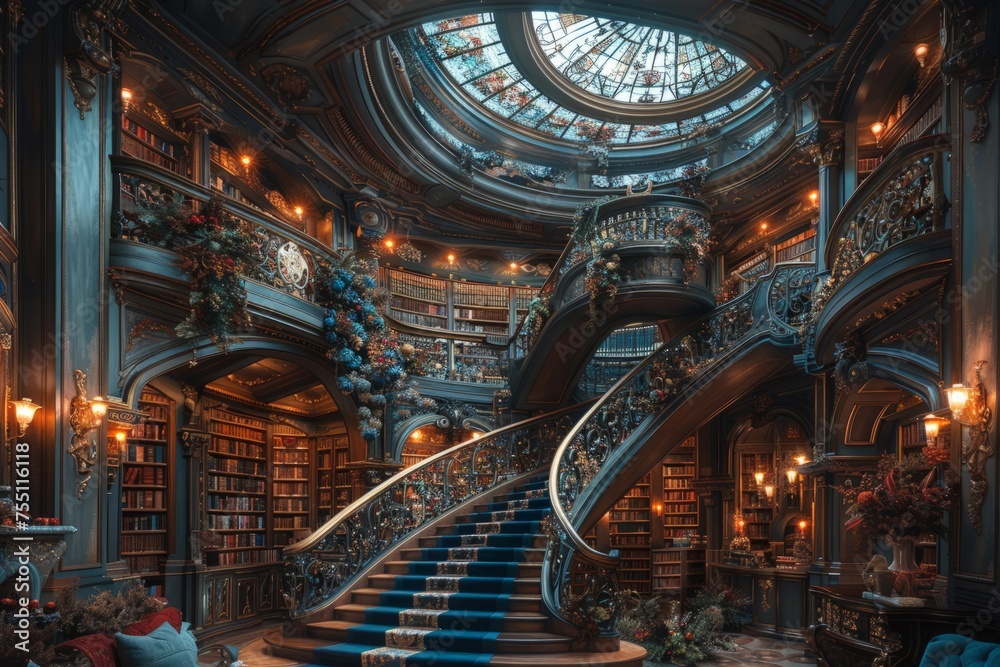 Staircase Leading to Book-Filled Library