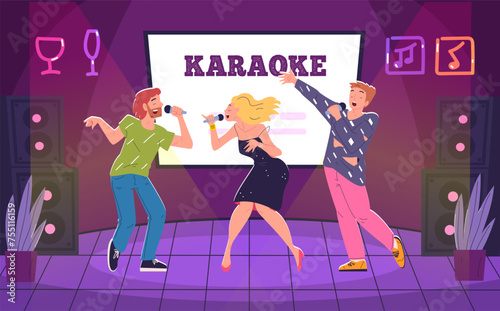 People in karaoke club. Drunk friends group singing sing on singer party bar, adult fun partying vocal competition, performance sound