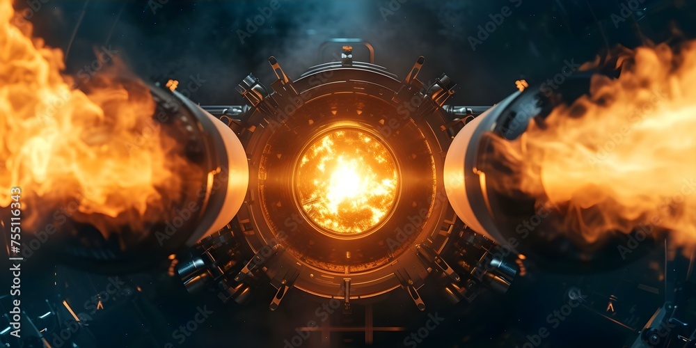 A fiery rocket engine ignites generating immense power and launching into space. Concept Space travel, Rocket launch, Technology advancements, Astronauts, Space exploration
