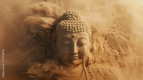 A buddha out of sand is fading away by a sandstorm in the Desert 