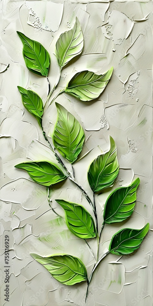 A decorative painting of green leaves with thick oil painting texture effect. Green leaves with three-dimensional effect of thick paint rich in details. Simple and modern leaf painting. - obrazy, fototapety, plakaty 