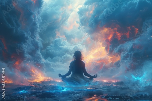 Woman Meditating in Middle of Water photo