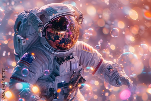 Astronaut Surrounded by Bubbles in Space