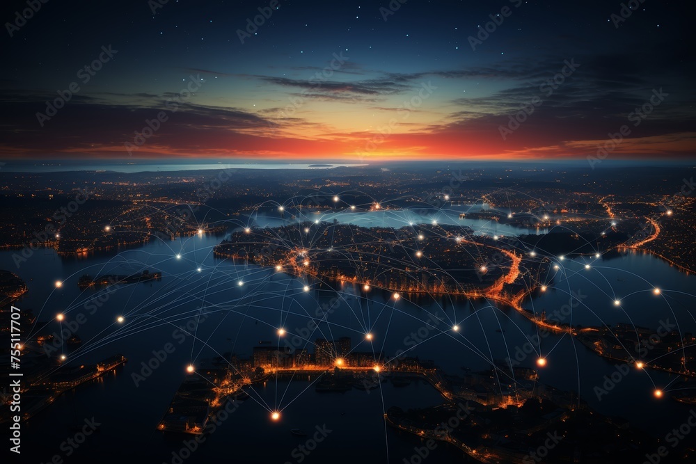 A city at night with a virtual network and communication. Internet connection over a beautiful cityscape. Technology concept.