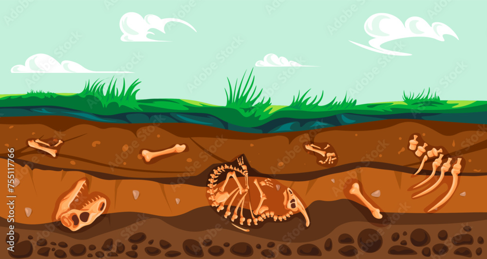 Underground fossil. Subterranean fossils soil layers, geology archeologic dig artifacts under