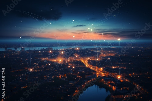 A city at night with a virtual network and communication. Internet connection over a beautiful cityscape. Technology concept.