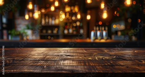 Wooden Table With Background Lights