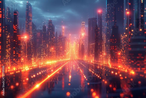 Bright Lights Illuminate Futuristic Night City