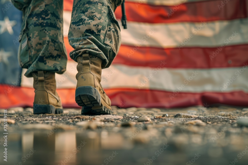 Soldier Standing Before American Flag
