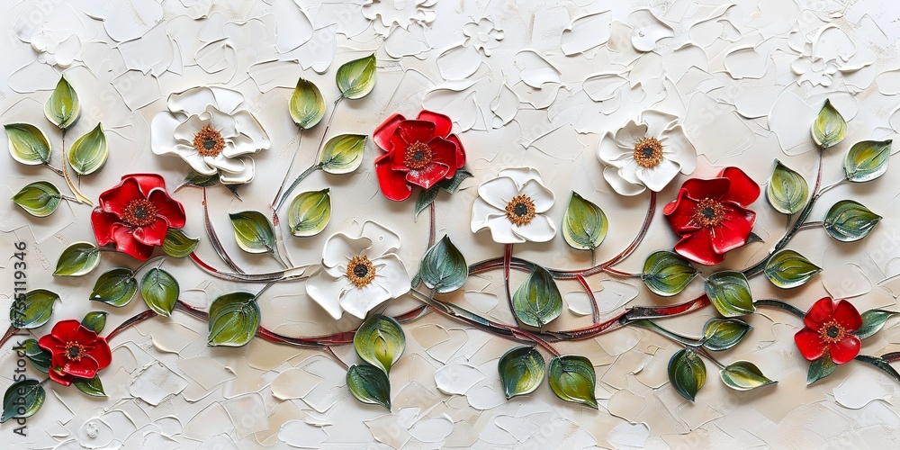 A decorative flower painting with thick oil painting texture effect. Thick paint three-dimensional effect flowers rich in details. Simple and modern flower painting. - obrazy, fototapety, plakaty 