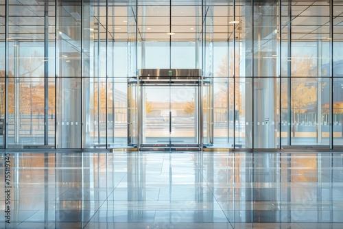 Empty Lobby With Glass Walls and Doors