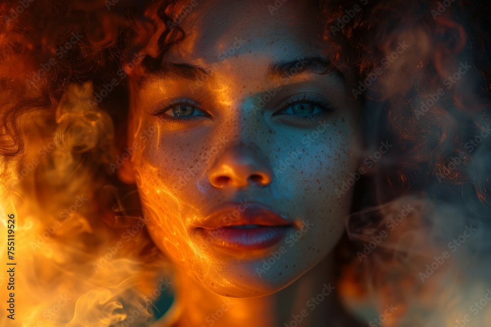 Woman With Blue Eyes Amidst Surrounding Smoke