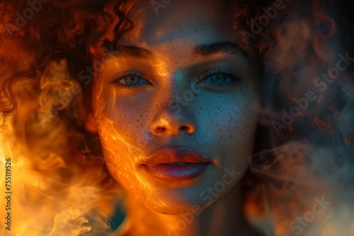 Woman With Blue Eyes Amidst Surrounding Smoke