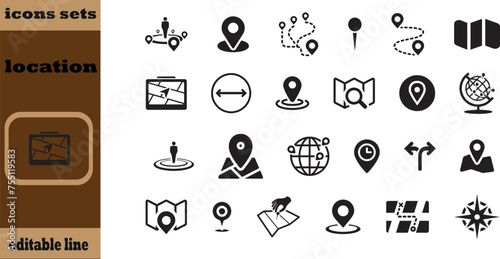 Location icon set. Containing map, map pin, gps, destination, directions, distance, place, navigation and address icons. Solid icons vector collection