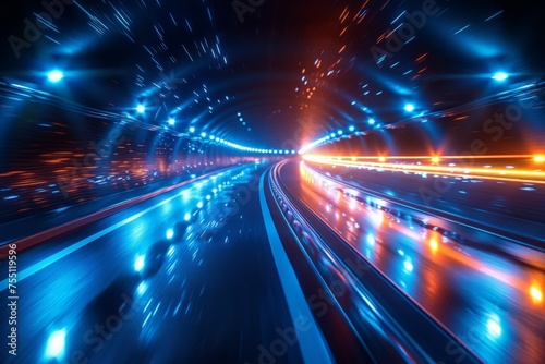 Nighttime Highway With Glowing Blue Lights © Ilugram