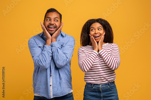 Amazed young black couple with hands on cheeks showing surprised expressions
