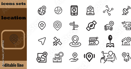 Location icon set. Containing map, map pin, gps, destination, directions, distance, place, navigation and address icons. Solid icons vector collection