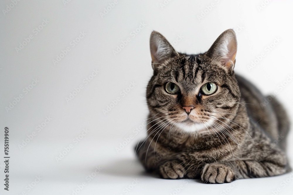A gray striped cat lies on a white background. Close-up.
