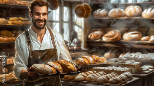 Portrait of a young baker delivering hot bread in a bakery. Concept of food, work.