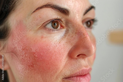 Woman receiving skin treatment for rosacea using magnifying banner.