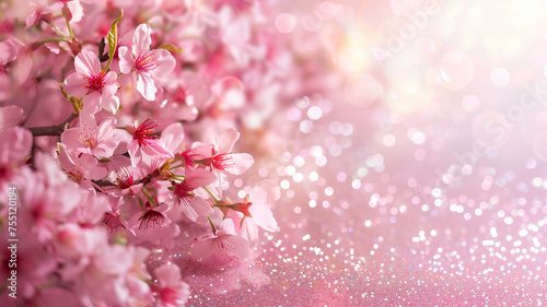 Sakura flowers with pink glitter background. Cherry blossom with copy space. #755120194