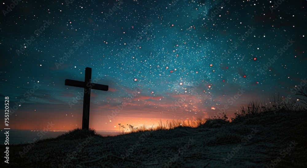 Cross on Hill With Starry Sky