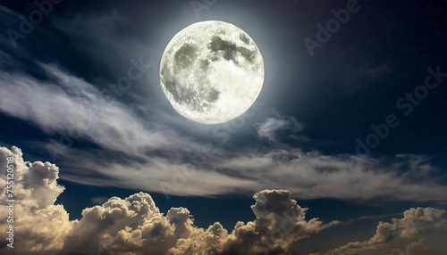 Big white glowing moon with craters. Black sky with clouds.