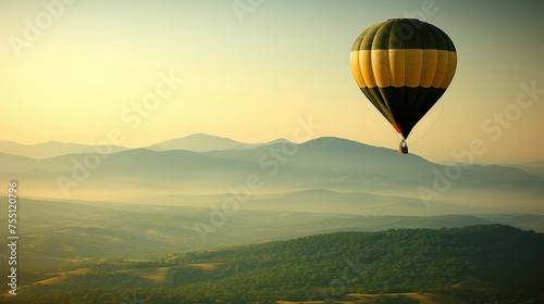 a hot air balloon flying in the sky over a mountain range with a valley in the foreground and a mountain range in the background. photo