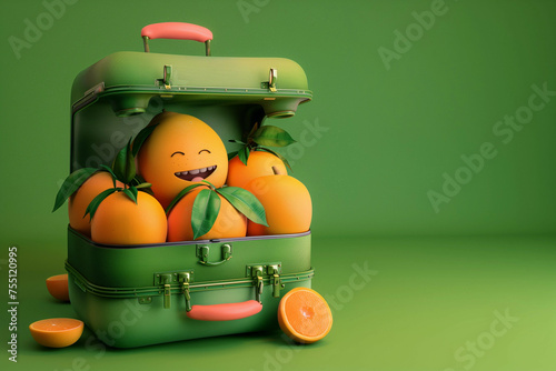 A green suitcase full of smiling oranges, the background is green photo