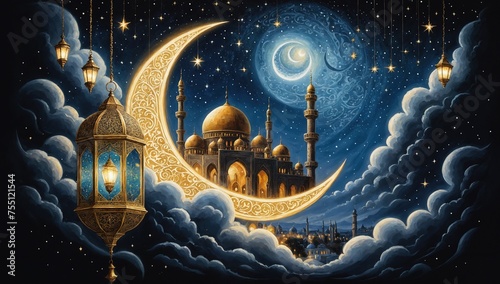 An enchanting Ramadan scene of a crescent moon cradling a majestic mosque. Generative AI.