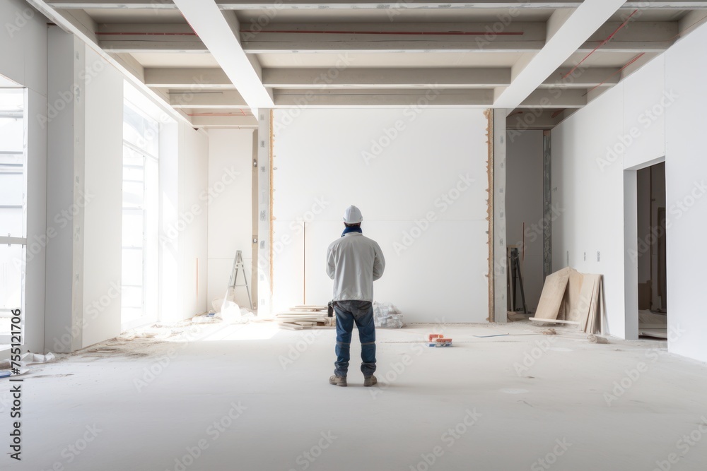 Fototapeta premium worker in work clothes stands in front of a huge white wall of a modern contemporary interior which is undergoing renovation