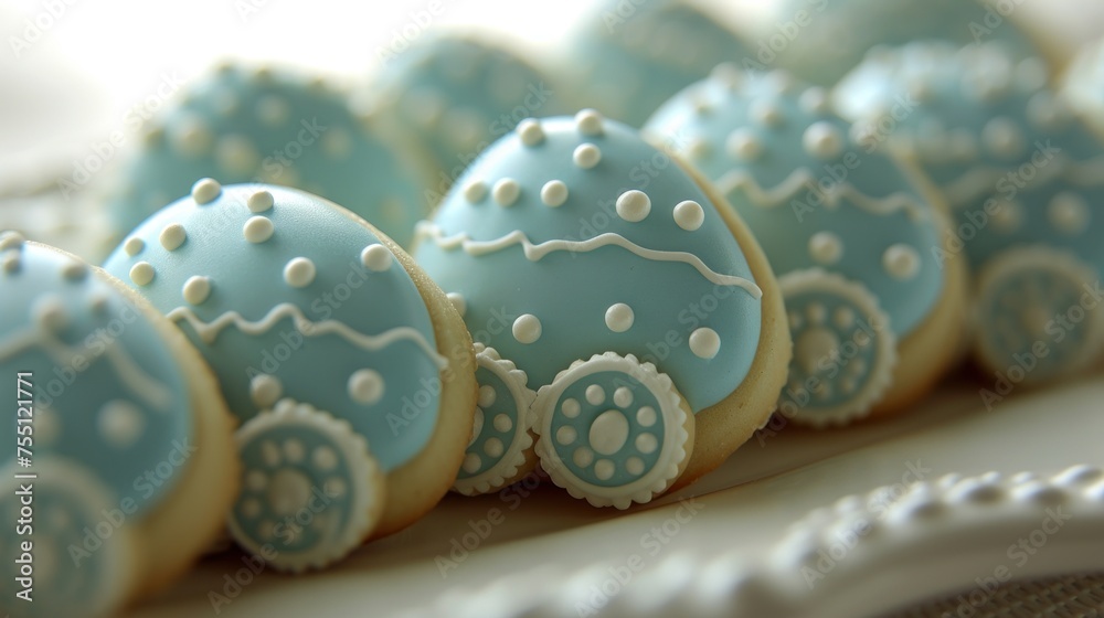 a row of blue decorated cookies sitting on top of a white platter on top of a white tablecloth. a row of blue decorated cookies sitting on top of a white platter on top of a white tablecloth.