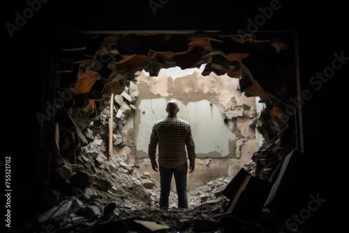 in the wall of the room there is a huge broken hole, a frightened confused man stands near this hole and carefully looks into it with apprehension photo