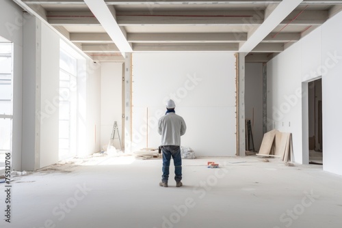 worker in work clothes stands in front of a huge white wall of a modern contemporary interior which is undergoing renovation
