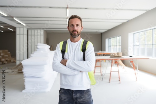 portrait of a worker in work clothes stands in front of a huge white wall of a modern contemporary interior which is undergoing renovation
