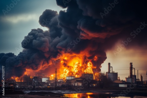 Major fire at a industrial factory. Thick black smoke in the air. Environmental pollution concept. © Simon