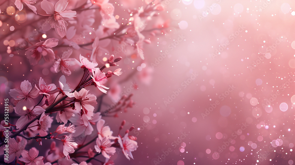 Fototapeta premium Sakura flowers with pink glitter background. Cherry blossom with copy space.