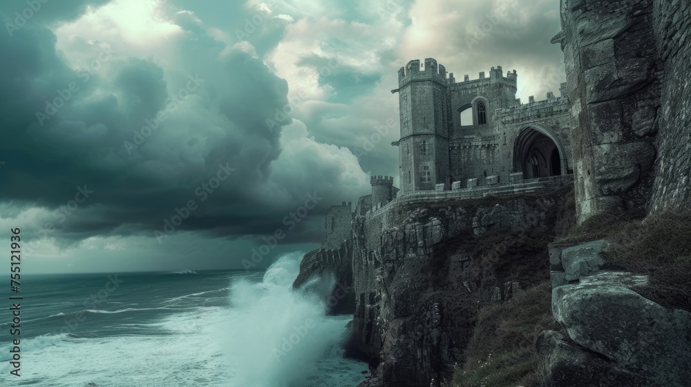 A historic medieval castle on a cliff, ocean waves crashing below ...