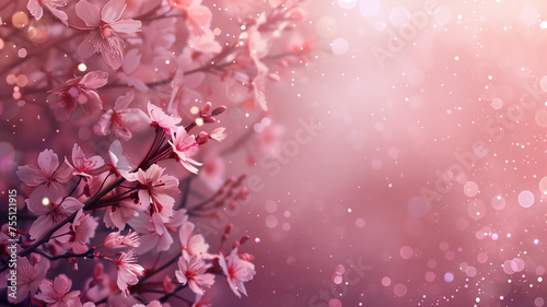 Sakura flowers with pink glitter background. Cherry blossom with copy space.