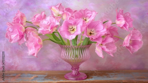 a pink vase filled with pink flowers on top of a wooden table in front of a painting of pink flowers. photo