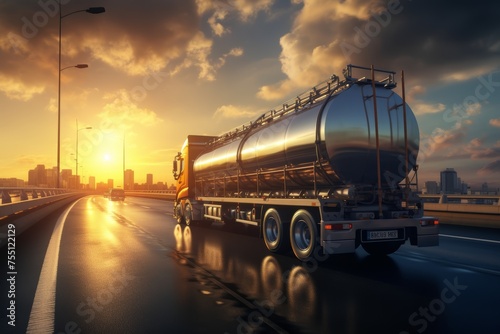 Rear view of big metal fuel tanker truck in motion on the highway shipping fuel to oil refinery against sunset sky.