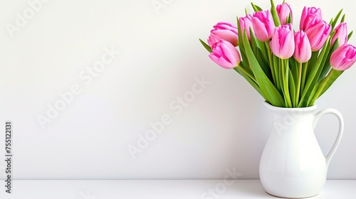 a white vase filled with pink tulips sitting on top of a white table next to a white wall. photo