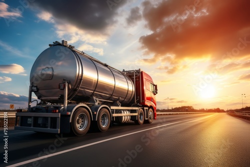 Rear view of big metal fuel tanker truck in motion on the highway shipping fuel to oil refinery against sunset sky.