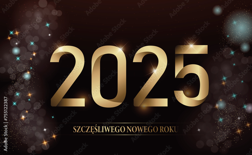 karta lub baner z życzeniami szczęśliwego nowego roku 2025 w złocie na czarnym tle, a po każdej stronie gwiazdy i koła w różnych kolorach z efektem bokeh - obrazy, fototapety, plakaty 